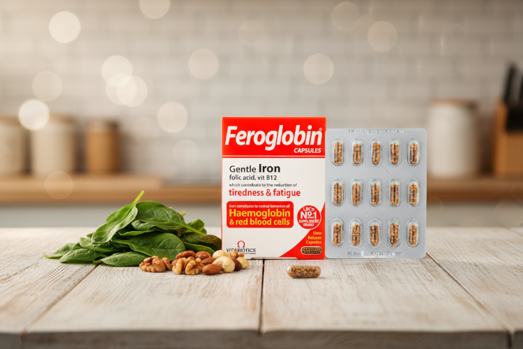 کپسول فروگلوبین در کنار مواد غذایی سالم برای تأکید بر سلامت